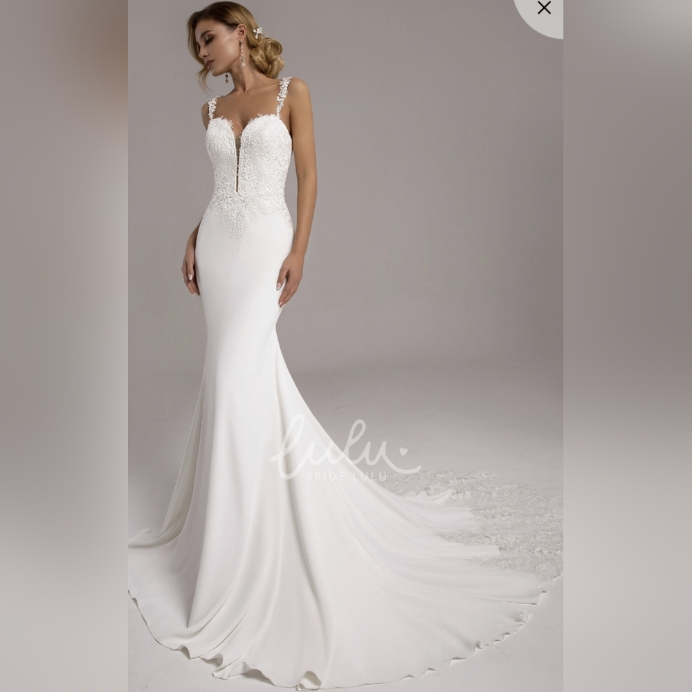 NEW BrideLulu Ivory Satin Mermaid Plunging Neck Wedding Dress with Appliques